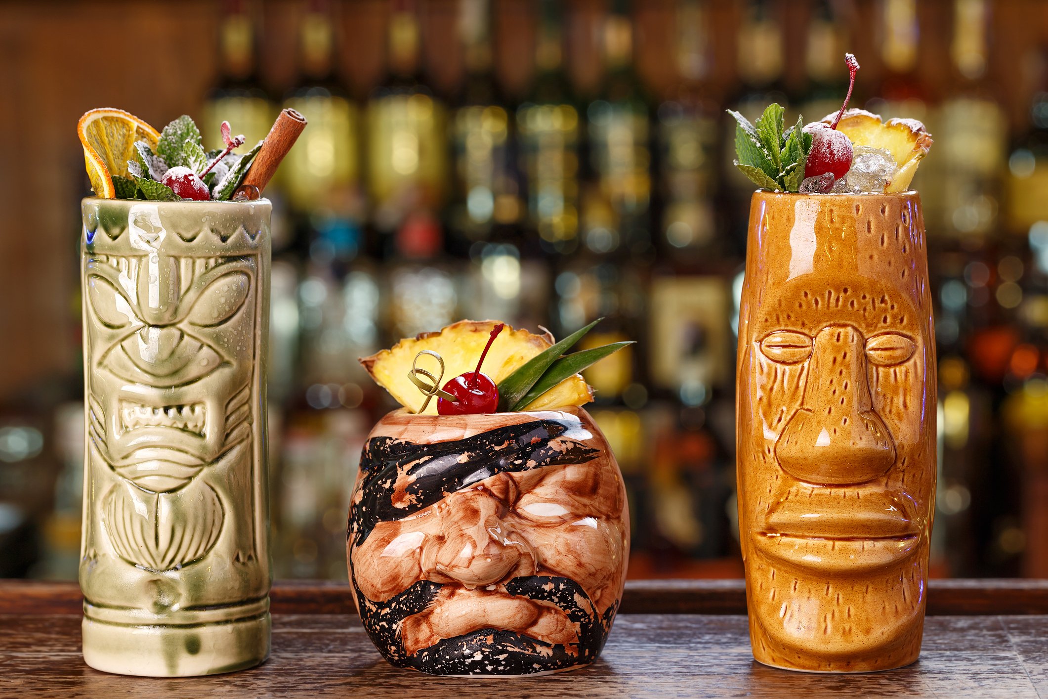 Drinks in Tiki themed cups prepared at Belle's Beach House