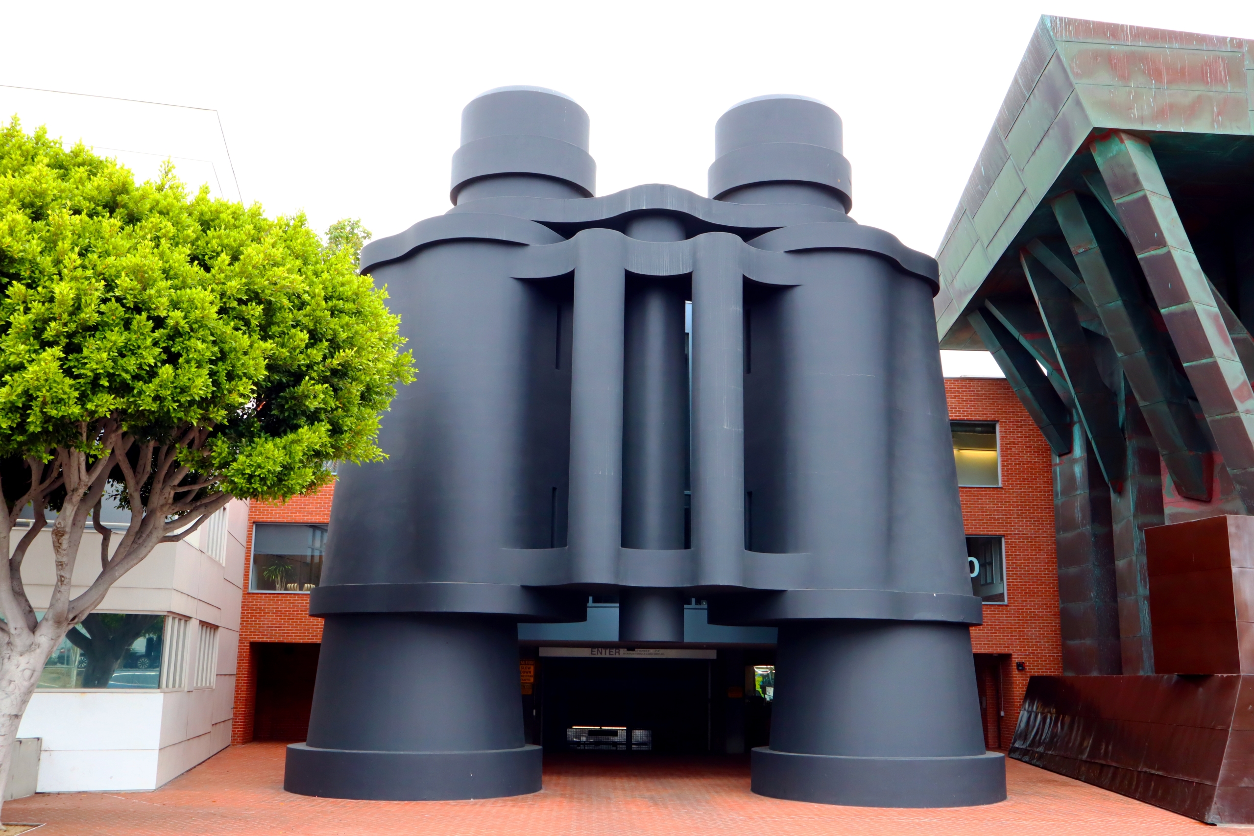 Huge pair of binoculars showcasing the entrance to the Chiat-Day building
