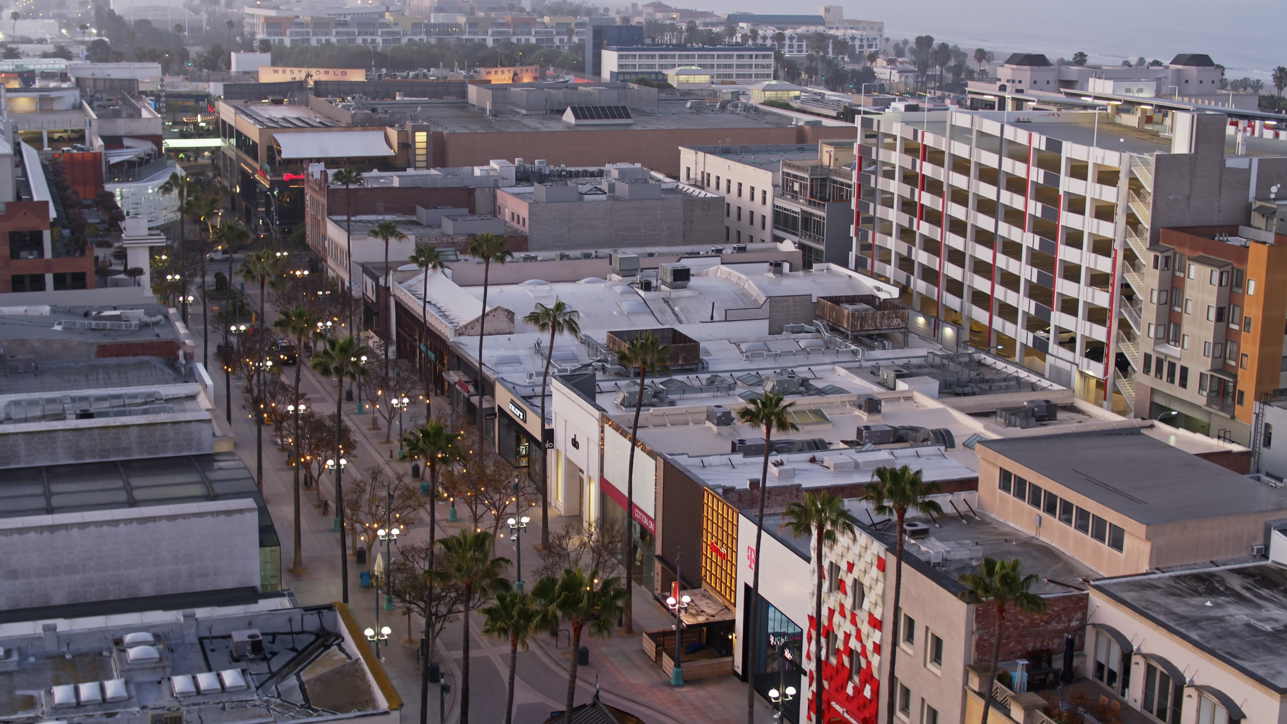 A aerial view of the Third Street Promenade in downtown Santa Monica